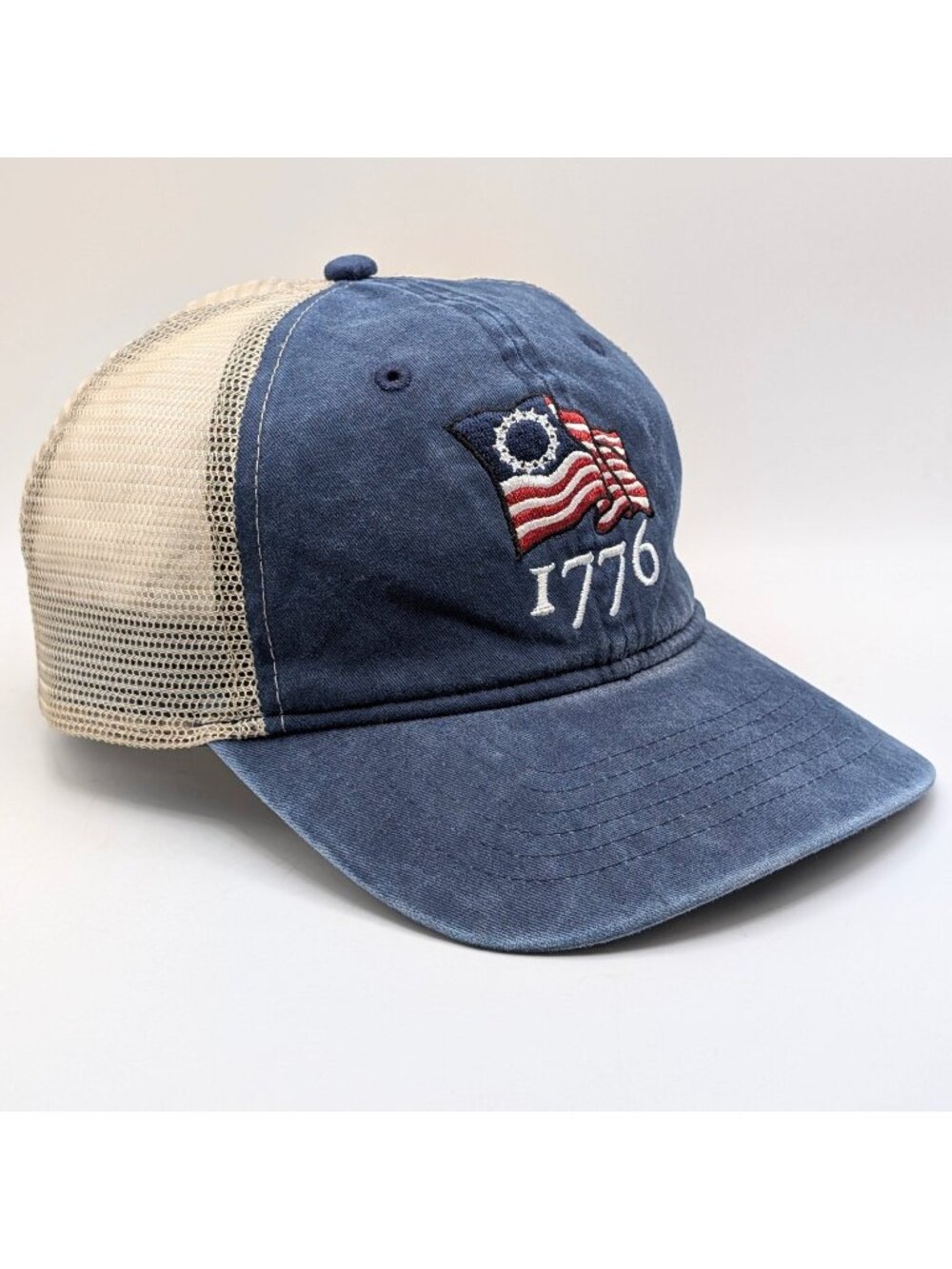 1776 American Flag Snapback USA Cap Trucker Hat Blue Denim Tan Mesh Patriotic